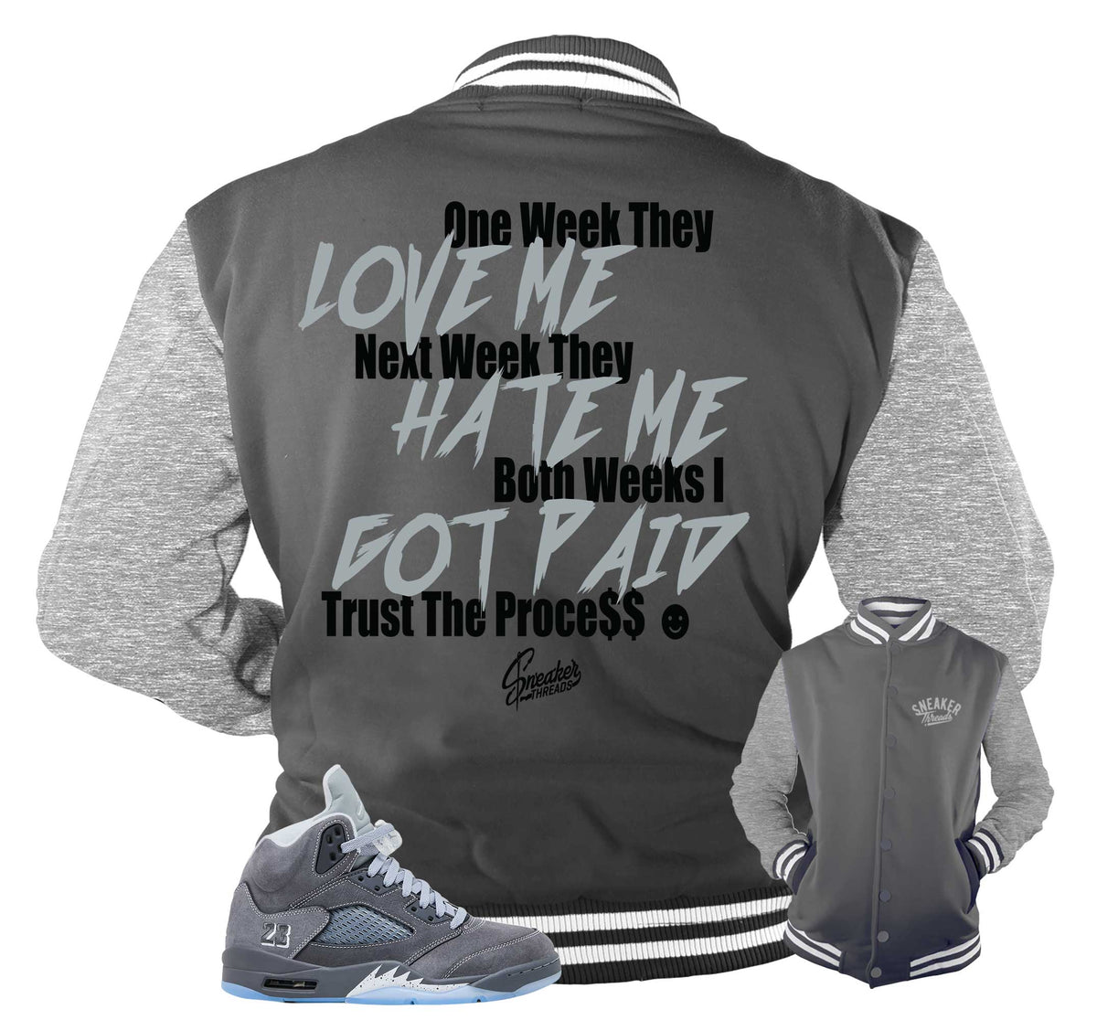 Retro 5 Wolf Grey Trust The Process Varsity Jacket