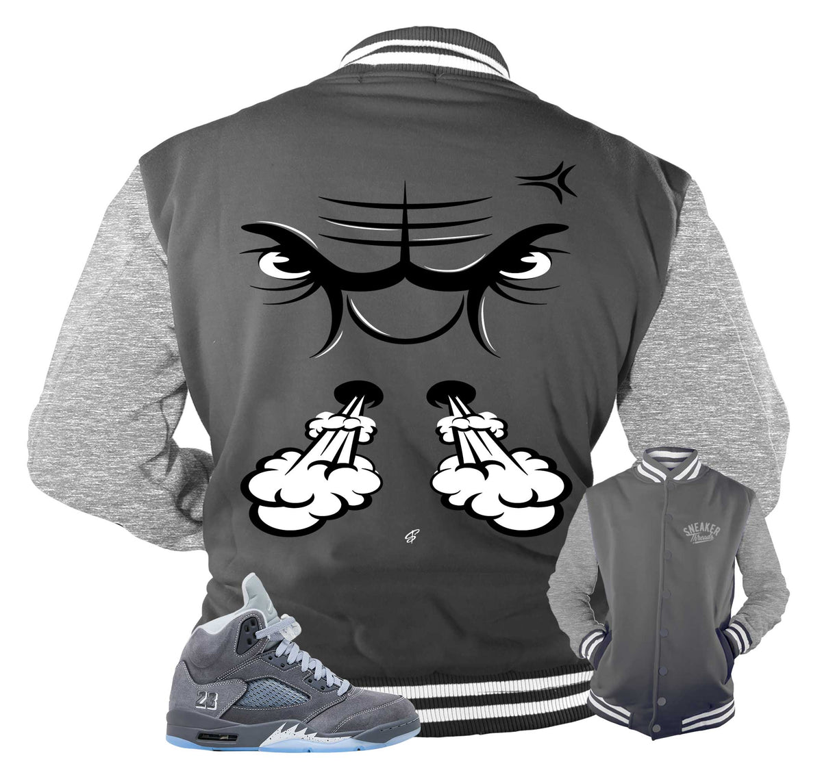 Retro 5 Wolf Grey Raging Face Varsity Jacket